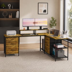 L-Shaped Desk with Power Hub, 6 Drawers, Removable Monitor Stand, Rustic Brown