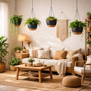 May include: A cozy living room scene with a neutral color palette. Hanging black planters with greenery, a rattan sofa, and a wooden coffee table create a warm, inviting atmosphere. Decorative pillows and a macrame wall hanging add texture.