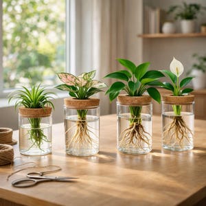 May include: Four glass vases with plants, each featuring a cork lid. The plants include a variety of green and pink foliage, and a white flower. The vases sit on a wooden table, with scissors and twine visible in the foreground. The background includes a window and a shelf.