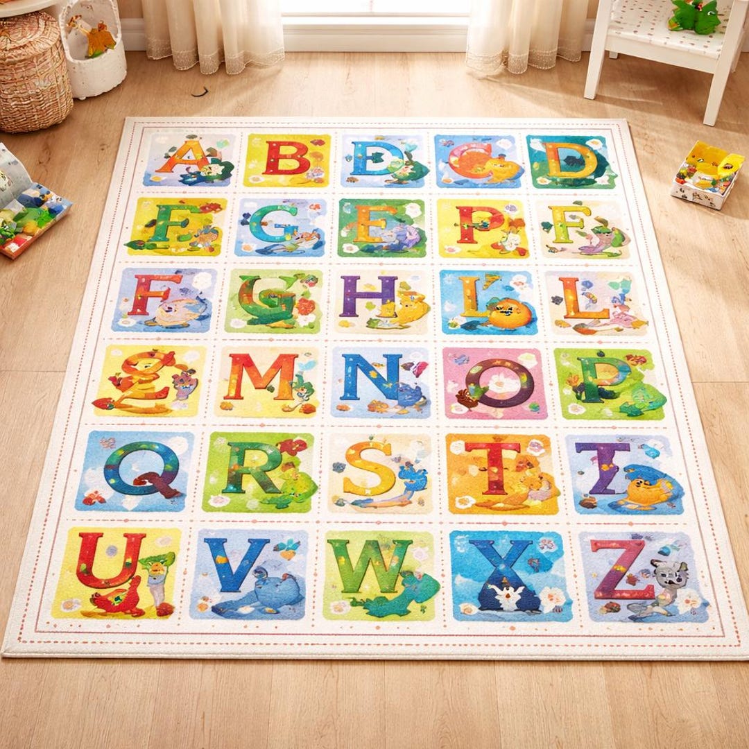Alphabet Rug Blue Kids Alphabet Area Rug, Playroom Nursery Decor, Washable - Etsy