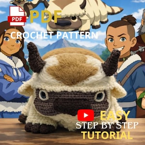 May include: A crocheted Appa plush toy, with a cream body, brown details, and a tan head. The image includes text that says "PDF Crochet Pattern" and "Easy Step by Step Tutorial".