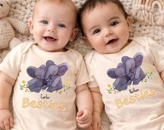 Custom Twin Elephant Bodies | Body Neonato Gemelli Personalizzati con Nome | Regalo Cugini Besties | Watercolor Elephant Matching Shirts