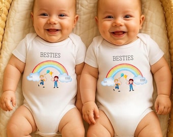 Custom Twin Besties Onesies | Personalized Rainbow Twin Bodysuits with Est. Date | Best Friends Matching Twin Outfits | Newborn Twin Gift