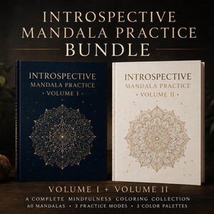 May include: Two hardback books titled "Introspective Mandala Practice" Volume I and II. The covers feature intricate mandala designs in gold on a navy blue and cream background. The text reads "A Complete Mindfulness Coloring Collection".