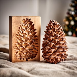 May include: A wooden pine cone mold and a detailed pine cone. The mold is rectangular with a carved pine cone design. The pine cone is brown with intricate details, sitting on a neutral-colored surface. A Christmas tree is visible in the background.