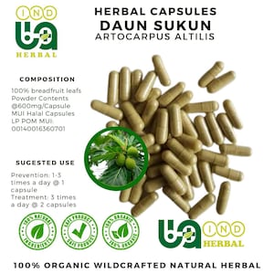 May include: An image of herbal capsules with text that reads "HERBAL CAPSULES DAUN SUKUN ARTOCARPUS ALTILIS". The capsules are light brown and scattered across a white background. The image also includes text about the product's composition and suggested use.