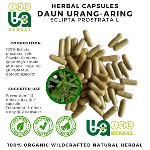 May include: Image of herbal capsules, with the text "DAUN URANG-ARING ECLIPTA PROSTRATA L". The capsules are light brown and scattered. The image also includes the text "100% ORGANIC WILDCRAFTED NATURAL HERBAL".