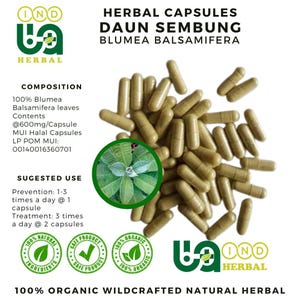 Op de afbeelding: Een afbeelding van kruidencapsules met het label "DAUN SEMBUNG BLUMEA BALSAMIFERA". De capsules zijn olijfgroen en verspreid over een witte achtergrond. De afbeelding bevat tekst over de samenstelling, het aanbevolen gebruik en certificeringen van het product.
