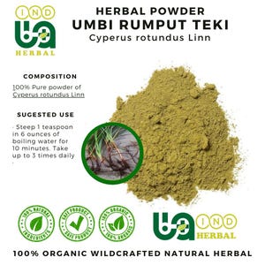 Può includere: Un mucchio di polvere di erbe, Umbi Rumput Teki, con il nome scientifico Cyperus rotundus Linn. L'immagine include testo sulla composizione, l'uso suggerito e le certificazioni per ingredienti naturali e biologici.
