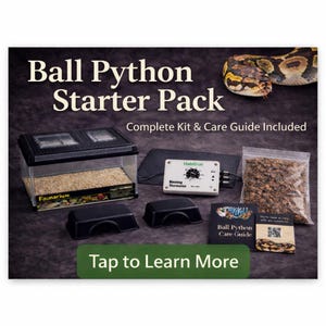 May include: A Ball Python Starter Pack, including a complete kit and care guide. The image features a black and clear Faunarium, a HabiStat thermostat, and other accessories. The text "Tap to Learn More" is displayed on a green button.