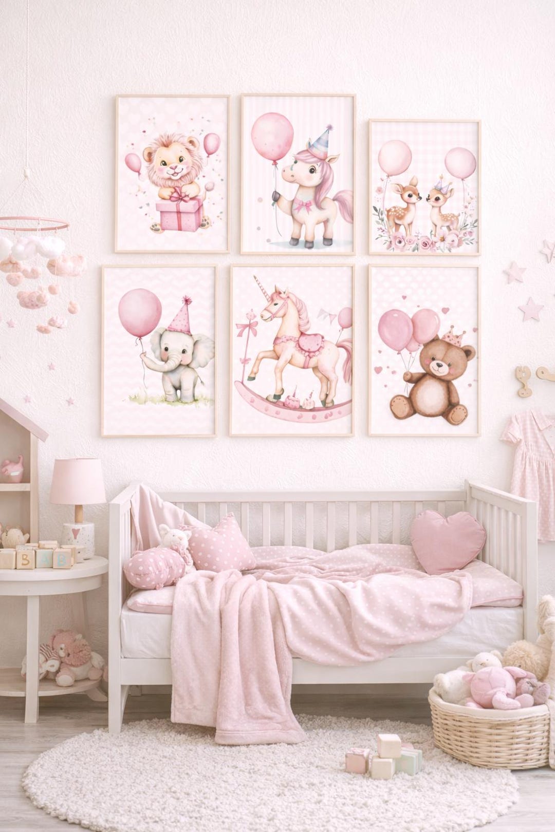 Nursery Wall Art Set of 6 Teddy Bear Prints • Baby Girl Wall Art • Pink ...