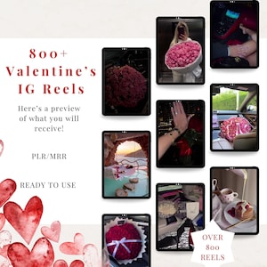 Può includere: Un collage di immagini visualizzate su tablet neri, con temi di San Valentino. Le immagini includono bouquet di rose, viste panoramiche e cibo. Il testo sull'immagine recita "800+ Valentine's IG Reels" e "Ready to Use."