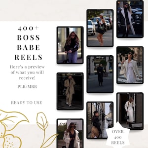 Può includere: Immagine promozionale con reel di moda. L'immagine mostra più schermi simili a tablet, ognuno con outfit diversi. Il testo sull'immagine recita "400+ BOSS BABE REELS", "Here's a preview of what you will receive!", "READY TO USE" e "OVER 400 REELS".