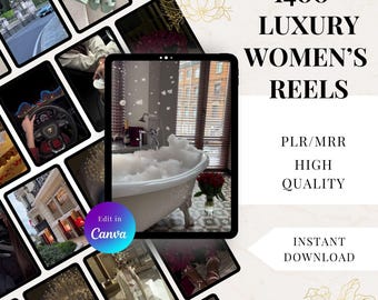 May include: A digital collage featuring a tablet displaying a luxurious bathroom scene with a clawfoot tub filled with bubbles. The image includes text: "1400+ LUXURY WOMEN'S REELS", "PLR/MRR", "HIGH QUALITY", and "INSTANT DOWNLOAD".