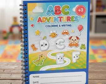 Pode incluir: Um livro de colorir e escrever "ABC Adventures" com espiral para crianças. A capa apresenta ilustrações coloridas de letras, animais e um balão. Inclui espaço para o nome e a data da criança. O livro foi concebido para crianças a partir dos 3 anos.