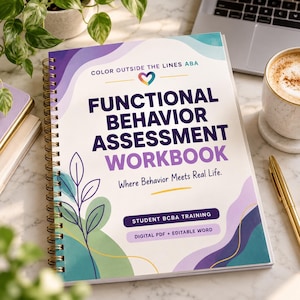 May include: A spiral-bound workbook titled Functional Behavior Assessment Workbook with the subtitle Where Behavior Meets Real Life. The cover features a colorful abstract design with purple, green, and blue shapes, a heart icon, and text.