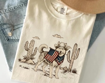 Custom Cowboy Pet Patriotic Shirt, Cowboy Husky USA Flag Western Tee, Dachshund Golden Funny Dog 4th of July TShirt, Independence Day Gift