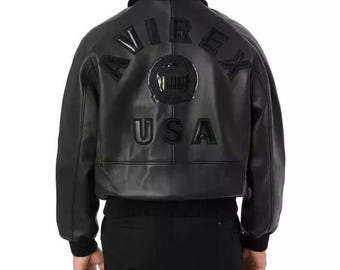 Avirex Men's Black Icon Aviator Genuine Cowhide Leather Motorcycle Bomber Jacket