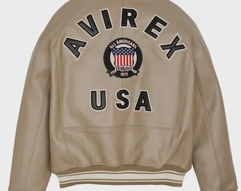 Giubbotto bomber in pelle Avirex – Beige American Flight Style, Moda Uomo