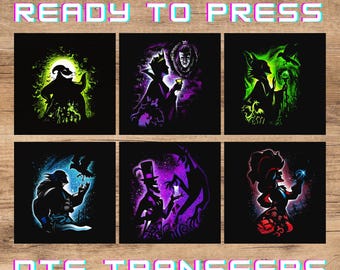 May include: Six square DTF transfers featuring stylized silhouettes of animated characters in vibrant neon colors against black backgrounds. The text READY TO PRESS and DTF TRANSFERS appears in a glitch-style font above and below the designs.