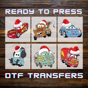 The image is a collage of six different cartoon cars wearing Santa hats, with the text "READY TO PRESS" and "DTF TRANSFERS" overlaid on the image.