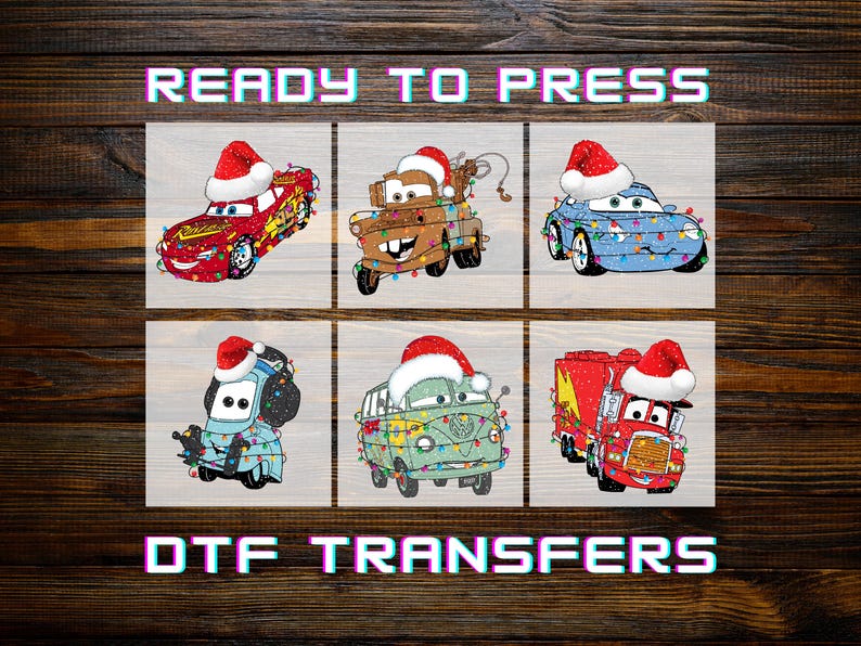 The image is a collage of six different cartoon cars wearing Santa hats, with the text "READY TO PRESS" and "DTF TRANSFERS" overlaid on the image.