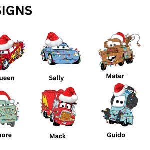 six different cartoon cars, each wearing a Santa hat, arranged in a grid. The cars are labeled with their names: McQueen, Sally, Mater, Fillmore, Mack, and Guido.