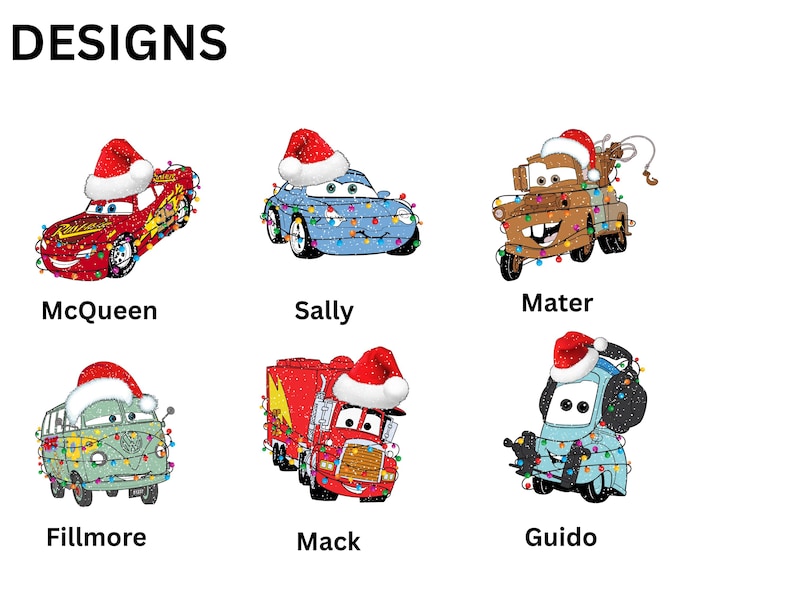six different cartoon cars, each wearing a Santa hat, arranged in a grid. The cars are labeled with their names: McQueen, Sally, Mater, Fillmore, Mack, and Guido.