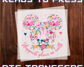 Minnie Mickey Happiest Place Floral Ready to Press DTF Transfer, Iron-on
