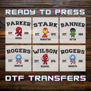 Matching Superheroes Group DTFs, Marvel MCU Ready to Press Transfers, Deadpool Ironman Captain America Hulk Spiderman Iron-on