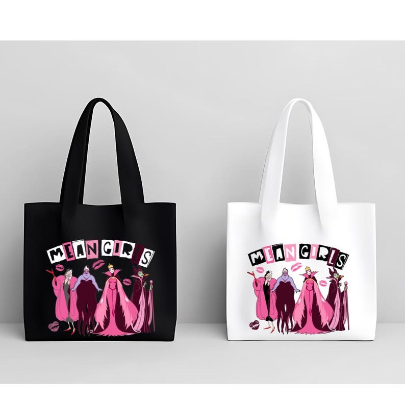 May include: Two tote bags, one black and one white, each displaying the text "MEAN GIRLS" above a cartoon illustration of characters in pink and purple gowns. The bags have long handles.