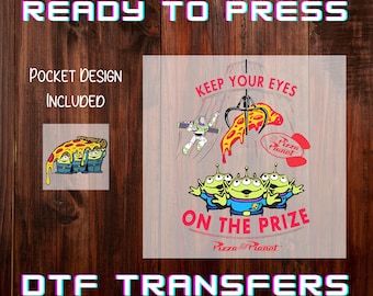 Pizza Planet Toy Story Aliens Back Pocket Design Ready to Press DTF Transfer, Iron-on