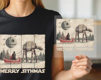 May include: A black t-shirt featuring a graphic print of a Star Wars-themed holiday scene with an AT-AT walker, a figure in a red cape on a sleigh, and the Death Star. The text MERRY SITHMAS is printed in a stylized font at the bottom of the graphic.