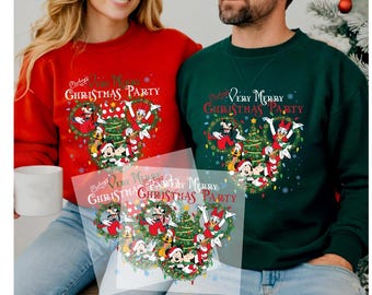 May include: A red sweatshirt and a dark green sweatshirt, each featuring a graphic print of Mickey Mouse and friends arranged in a wreath shape around a Christmas tree, with the text Mickey's Very Merry Christmas Party printed above the design.