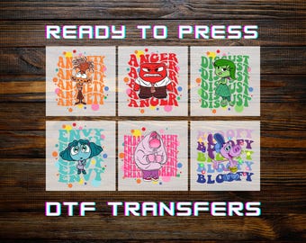 Peut inclure: Ensemble de six transferts DTF (Direct to Film) avec des personnages de dessins animés représentant des émotions telles que l'anxiété, la colère, le dégoût, l'envie, l'embarras et bloofy. Les textes "READY TO PRESS" et "DTF TRANSFERS" sont affichés.
