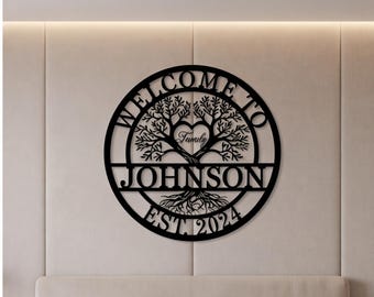 Letrero personalizado del Árbol de la Vida con el apellido de la familia, decoración de pared de metal en forma de corazón, decoración personalizada con el apellido de la familia, regalo significativo para el hogar.