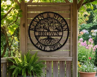 Letrero personalizado del Árbol de la Vida, Arte de pared de metal personalizado, Letrero con nombre familiar, Decoración moderna de sala de estar estilo granja, Regalo de aniversario
