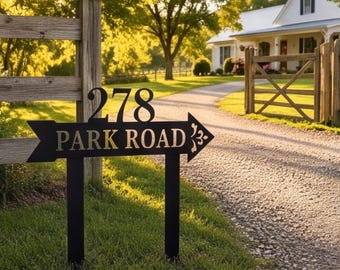 Letrero direccional con flecha, placa personalizada con número de casa para entrada de vehículos, marcador metálico para granja o rancho.