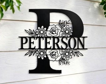 Custom Metal Name Sign, Personalized Family Monogram Decor, Floral Split Letter Wall Art, Unique Housewarming Gift, Custom Last Name Plaque
