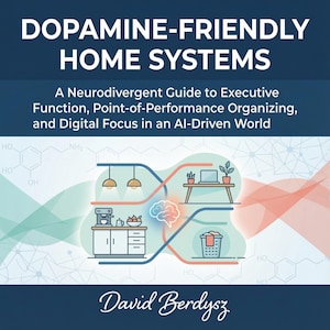 Könnte beinhalten: Buchcover mit dem Titel "Dopamine-Friendly Home Systems" von David Berdysz. Das Cover zeigt eine Grafik eines Hausinneren mit Küche, Schreibtisch und Wäschekorb, verbunden durch blaue und orangefarbene Linien.
