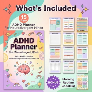 Puede incluir: Planificador de TDAH para mentes neurodivergentes, con un diseño colorido y una ilustración de cerebro. El texto dice "ADHD Planner". Incluye seguimiento diario, semanal y mensual de hábitos, establecimiento de objetivos y páginas de autocuidado. Bono de lista de verificación de rutina matutina.