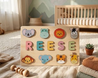 Personalized Wooden Name Puzzle | Custom Name Puzzle Board with Animals Dinosaurs Cars | Montessori Toddler Gift up to 9 Letters