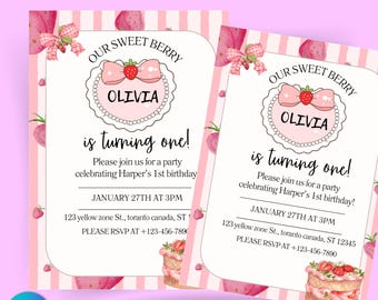 Berry First Birthday Invitation, Pink Baby Shower, Canva Template (Digital Download)