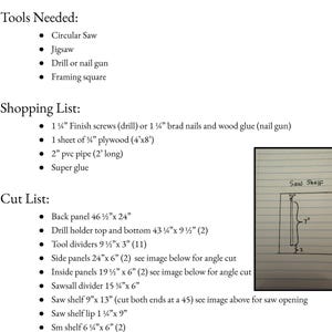 May include: A detailed list of tools, shopping list, and cut list for a woodworking project. The tools needed include a circular saw, jigsaw, drill, and framing square. The shopping list includes screws, plywood, and PVC pipe. The cut list provides dimensions in inches.