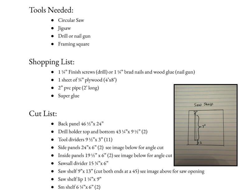 May include: A detailed list of tools, shopping list, and cut list for a woodworking project. The tools needed include a circular saw, jigsaw, drill, and framing square. The shopping list includes screws, plywood, and PVC pipe. The cut list provides dimensions in inches.