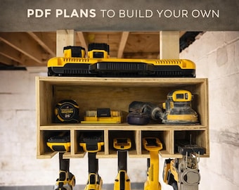 Plannen voor opberger elektrisch gereedschap | Gereedschapsopslag in garage | Opknoping boor- en boorhouder | DIY-houtbewerkingsplannen | Digitale download