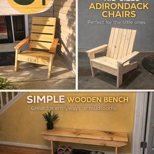 May include: Image showcasing three DIY wooden furniture projects: an Adirondack chair, a kid-sized Adirondack chair, and a simple wooden bench. The Adirondack chair has "MOM" engraved on it. The bench is shown with shoes and a small plant.