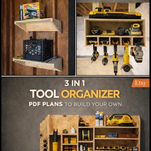 May include: Image featuring DIY plans for wooden shelves and tool organizers. The text reads "SIMPLE WOODEN SHELVES" and "TOOL ORGANIZER". The tool organizer displays various yellow power tools. The text "PDF PLANS TO BUILD YOUR OWN" is also visible.