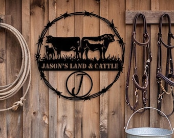 Custom Cow Farm Metal Sign, Large Barbed Wire Cow Ranch Name Sign , Barn, Outdoor Sign, Cattle Farm Sign, Cow and Calf Hanging
