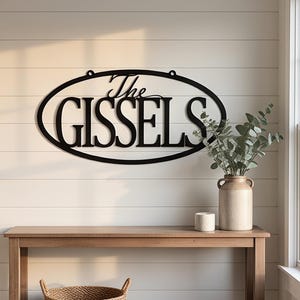 May include: A black metal oval wall sign featuring the text The GISSELS in a bold serif font. The sign is mounted on a white horizontal plank wall. The design includes two small circular loops at the top for hanging purposes on the wall surface.